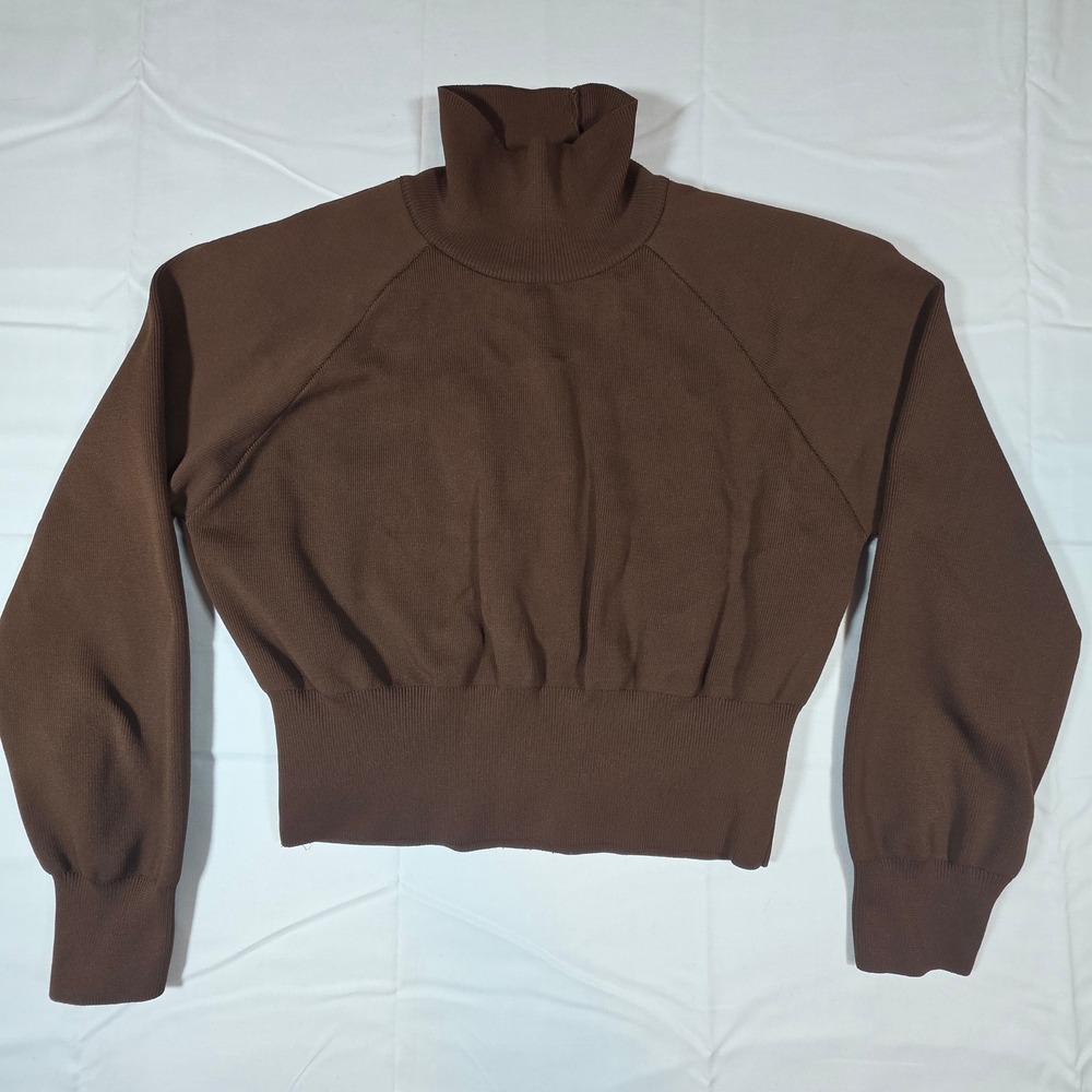 Zara Brown Turtleneck Cropped Knit Sweater Raglan Lantern Sleeve Small